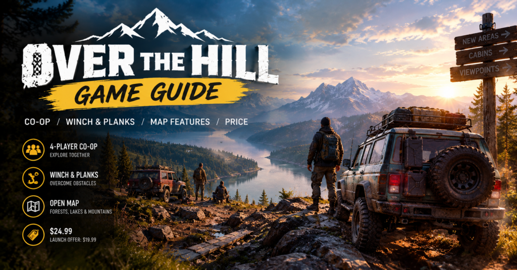 Over the Hill off-road exploration game featuring a rugged 4x4 vehicle, mountain trails, and four-player co-op gameplay.