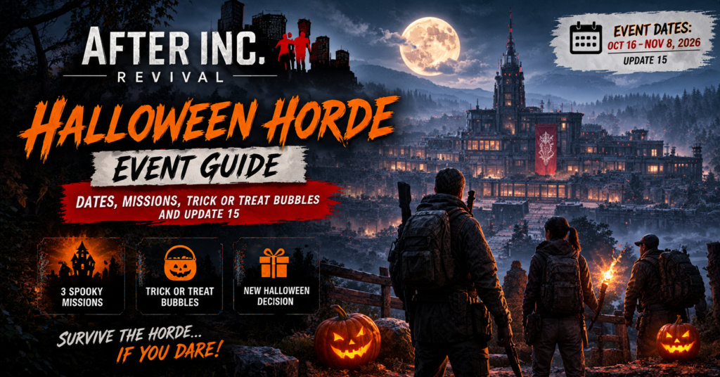Revival Halloween Horde event banner showing survivors overlooking a dark settlement, with event dates, three Halloween missions, and Update 15 details.