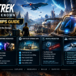 Star Trek: Outposts Unknown Dutronic Chips guide featuring a futuristic planetary outpost, starship, confirmed resources, resource logistics and unconfirmed crafting recipes.