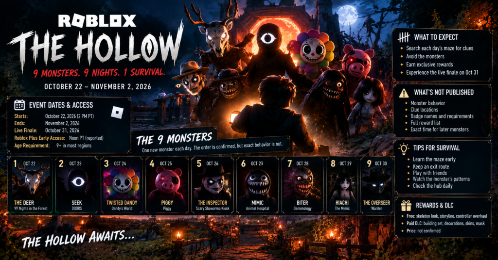 Roblox The Hollow Halloween event guide featuring nine horror monsters, the October 22–November 2, 2026 schedule, maze survival tips, rewards, and the October 31 finale.