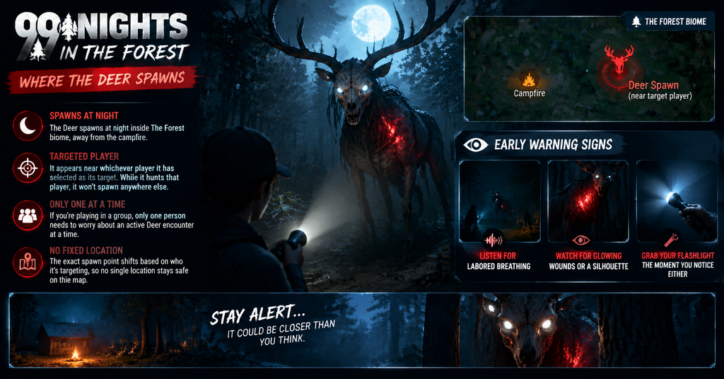 99 Nights in the Forest Deer spawn guide showing the creature appearing at night in The Forest biome, with warning signs like glowing wounds, a nearby silhouette, heavy breathing, and flashlight survival tips.