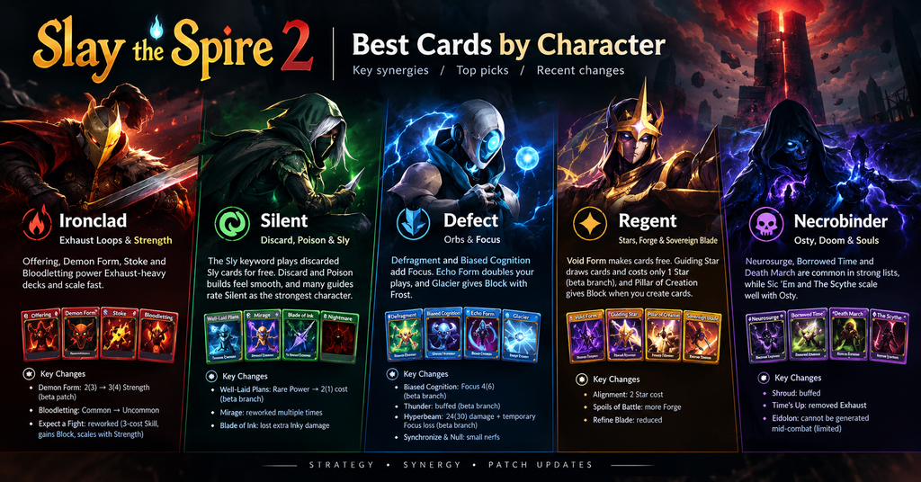 Slay the Spire 2 character guide featuring Ironclad, Silent, Defect, Regent, and Necrobinder, with their strongest cards, core mechanics, deck synergies, and recent balance changes displayed in a dark fantasy infographic.
