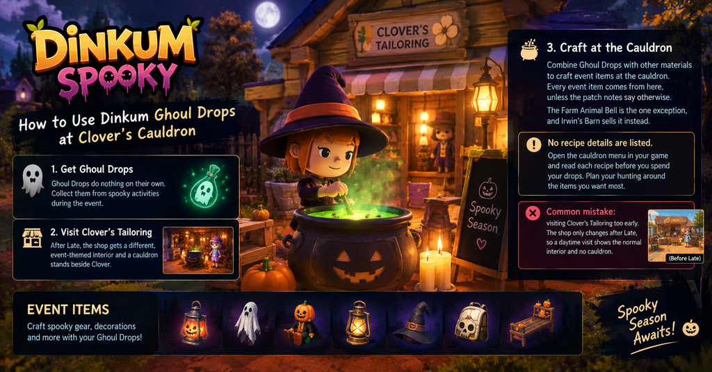 Dinkum Spooky Event 2026 featuring Spectral Bats, a moonlit island, Halloween decorations and event rewards.