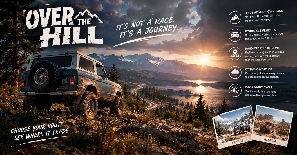 Cinematic Over the Hill gaming cover featuring a rugged vintage blue-and-white 4x4 off-road vehicle navigating rocky mountain terrain above a scenic lake and pine forest at sunset. Highlights relaxed exploration, classic 1960s–1980s vehicles, handcrafted regions in Canada and Algeria, dynamic weather, and a day-night cycle.