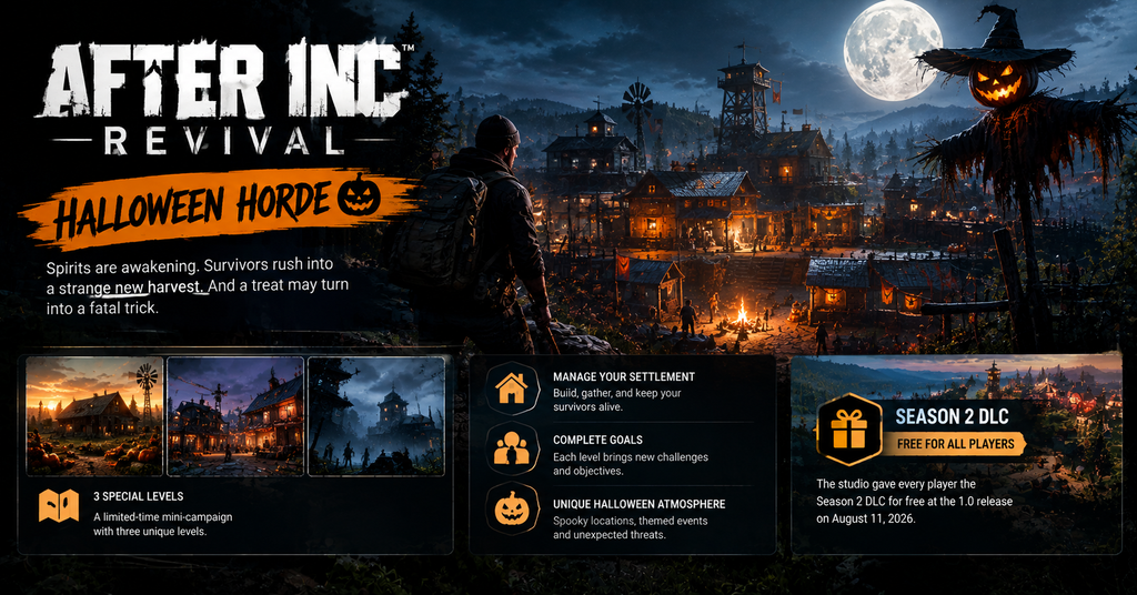 A cinematic Halloween scene from After Inc: Revival, showing a survivor overlooking a zombie-apocalypse settlement decorated with glowing pumpkins, lanterns, and a spooky scarecrow beneath a full moon. The image highlights the limited-time Halloween Horde mini-campaign, featuring eerie fog, illuminated buildings, and a dark survival atmosphere