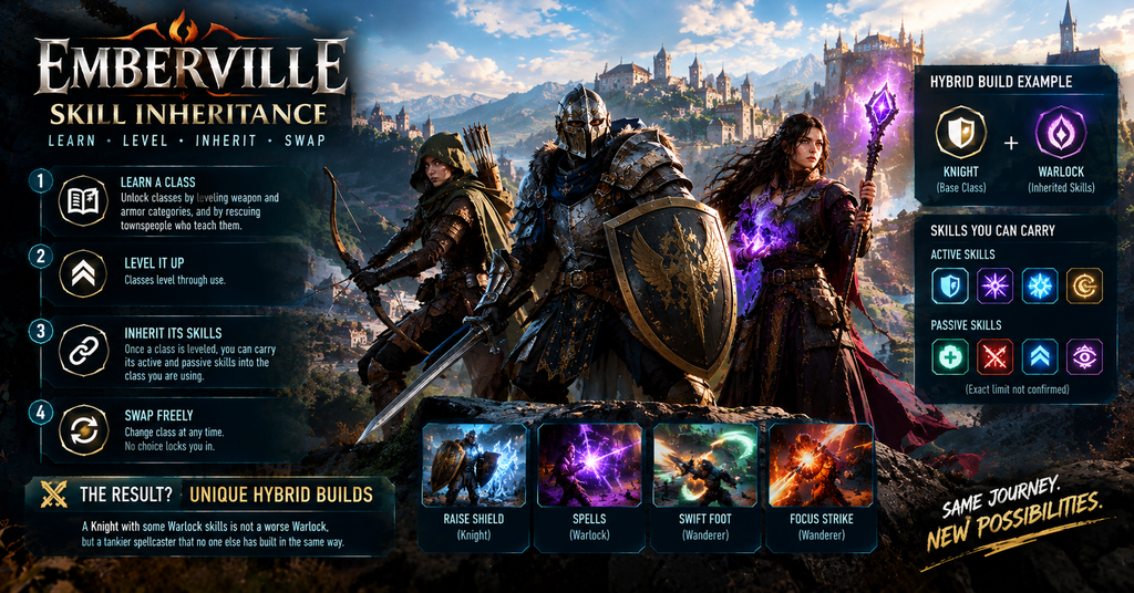 Emberville skill inheritance system showing the Wanderer, Knight, and Warlock classes, with a Knight–Warlock hybrid build and transferable active and passive skills.