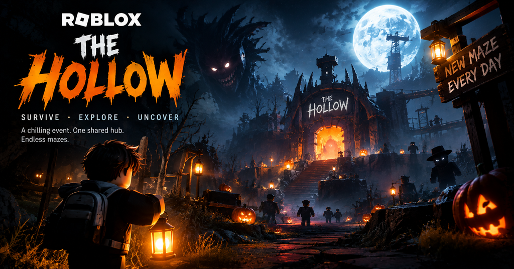 Roblox The Hollow Halloween event featuring a lantern-carrying player exploring a foggy, monster-filled maze with glowing pumpkins, twisted trees, and a mysterious orange-lit gateway beneath a full moon.