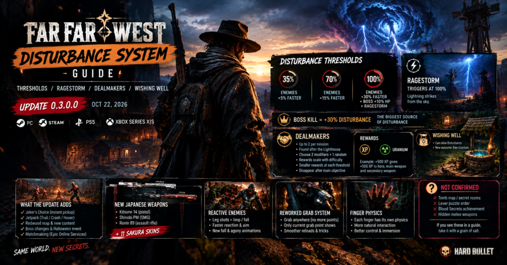 Far Far West Disturbance System guide showing the 35%, 70%, and 100% thresholds, Ragestorm lightning modifier, Dealmaker rewards, Wishing Well mechanics, and Fear Fear West update 0.3.0.0.