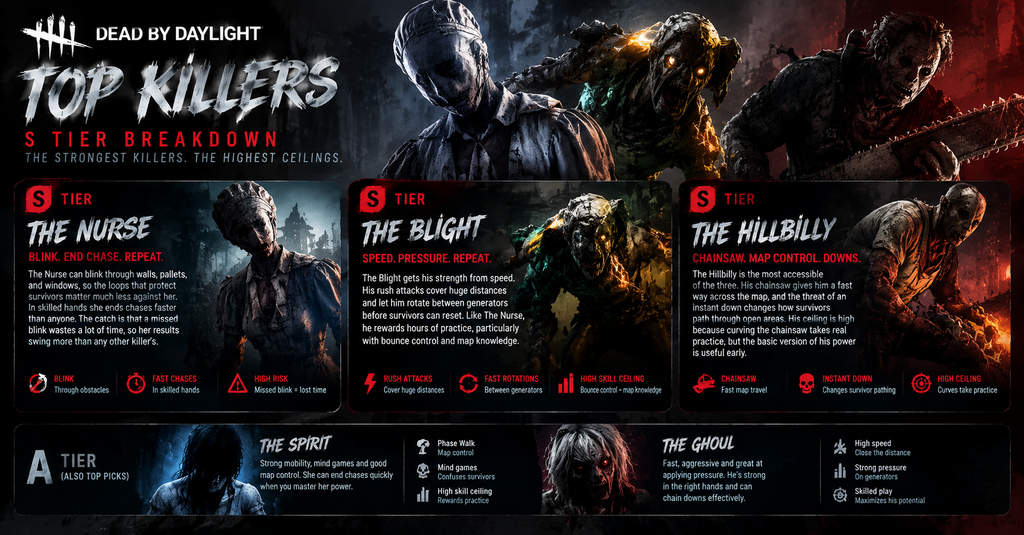 Dead by Daylight S-tier killer breakdown featuring The Nurse, The Blight, and The Hillbilly, with The Spirit and The Ghoul shown as strong A-tier alternatives.