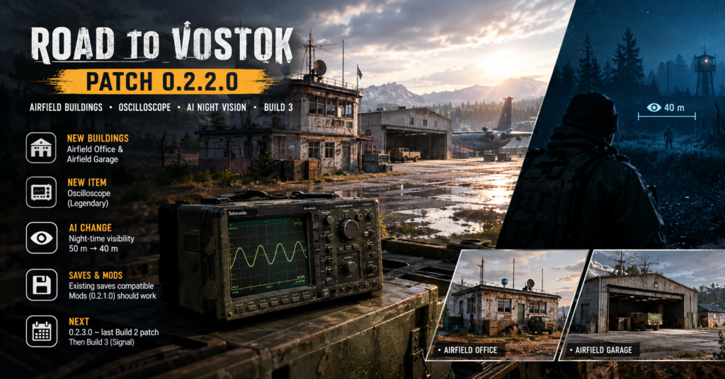 Road to Vostok Patch 0.2.2.0 featuring new Airfield buildings, Legendary Oscilloscope, and reduced AI night vision.