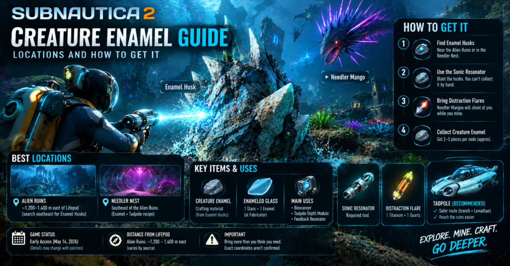 Subnautica 2 Creature Enamel guide showing glowing underwater Enamel Husks near alien ruins and a diver using a Sonic Resonator.