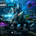 Subnautica 2 Creature Enamel guide showing glowing underwater Enamel Husks near alien ruins and a diver using a Sonic Resonator.