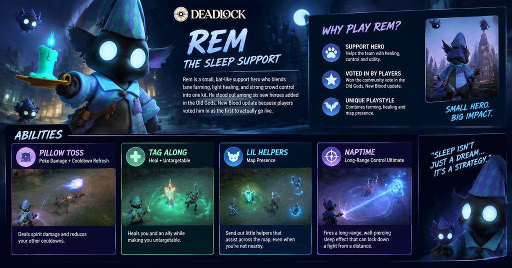 Deadlock Rem hero guide showing the bat-like support character with abilities including Pillow Toss, Tag Along, Lil Helpers, and Naptime, highlighting healing, crowd control, and team support gameplay.
