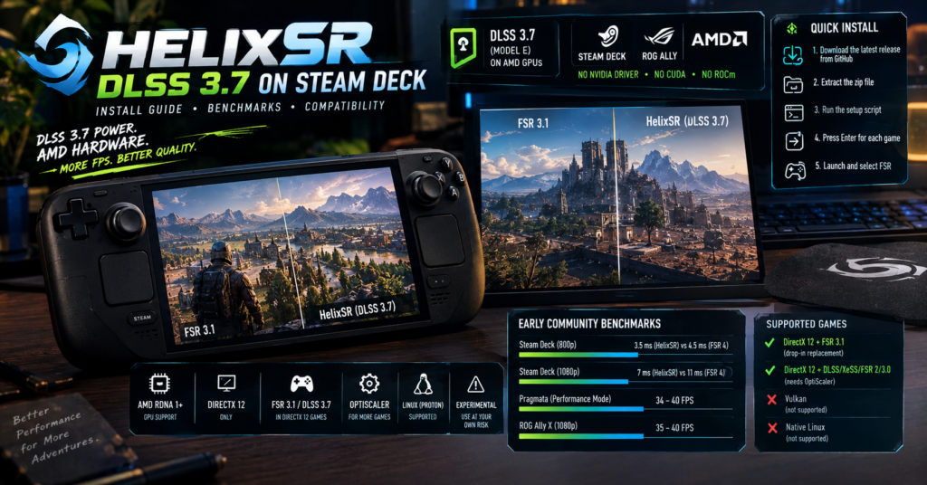 A Steam Deck running HelixSR DLSS 3.7 with FSR comparison visuals, performance benchmarks and installation guide.