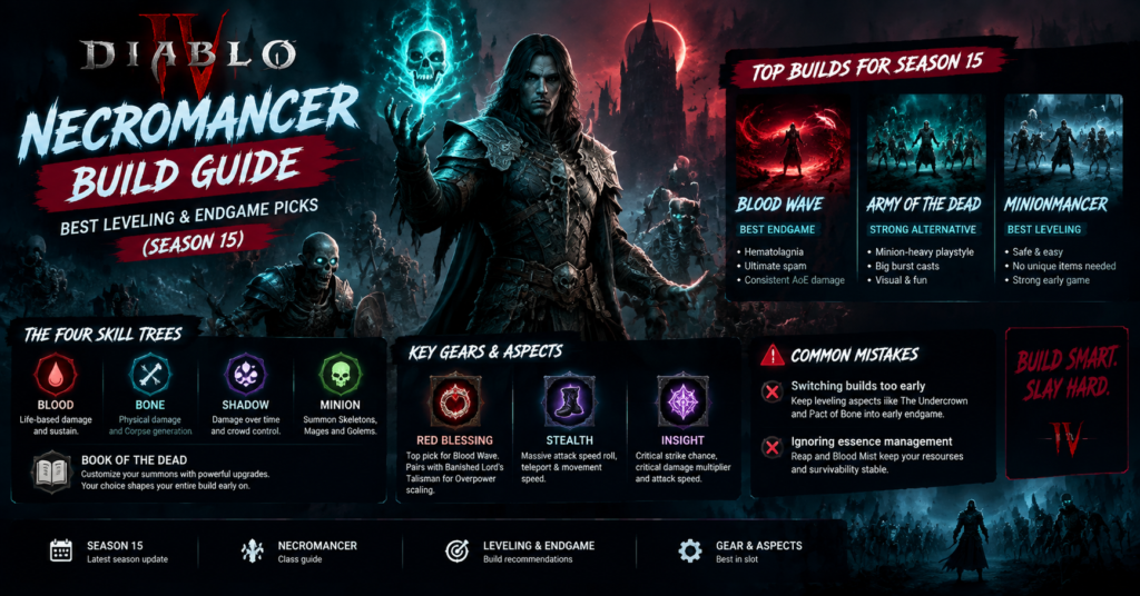 Diablo 4 Necromancer Build Guide Season 15 showing Blood Wave, Army of the Dead, and Minionmancer builds with undead army