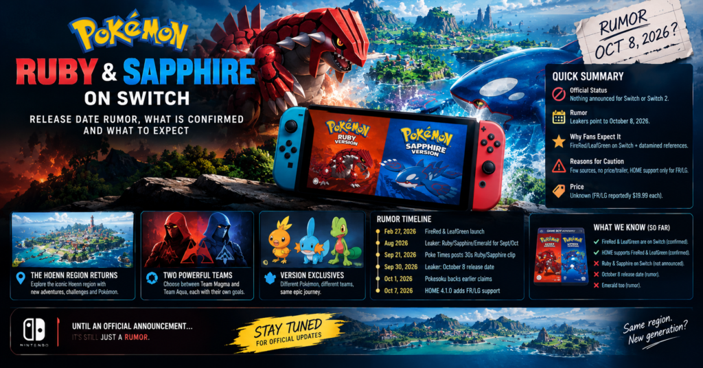 Pokémon Ruby and Sapphire Switch release rumor featuring Groudon, Kyogre, Hoenn, and the rumored October 8, 2026 date.