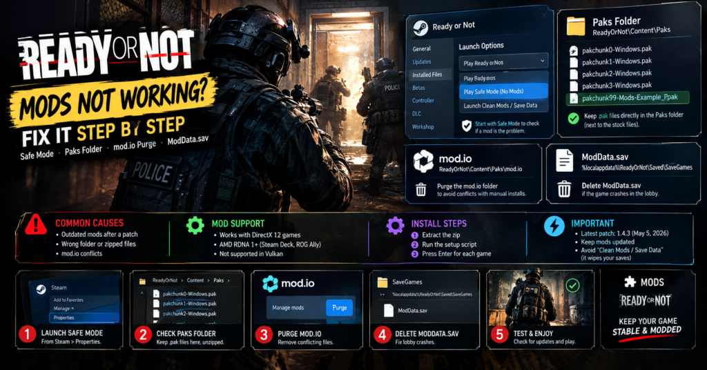 Ready or Not mods not working fix guide showing Safe Mode, Paks folder, mod.io cleanup, and ModData.sav troubleshooting.