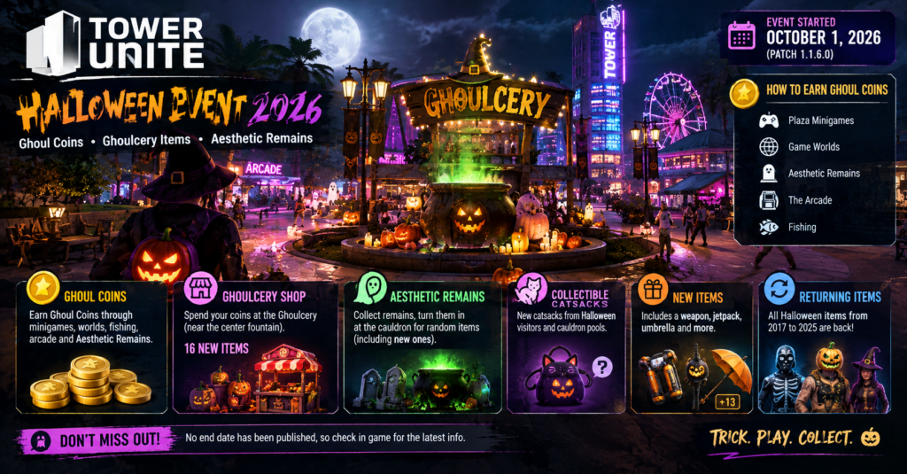 Tower Unite Halloween Event 2026 featuring Ghoul Coins, Ghoulcery shop, Aesthetic Remains, collectible Catsacks, and new Halloween items.
