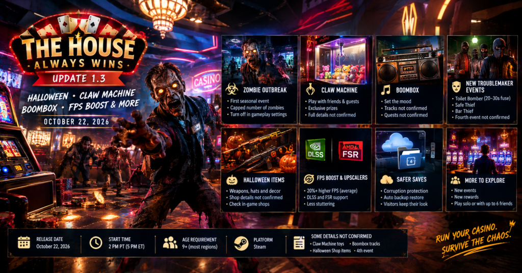 The House Always Wins Update 1.3 Halloween casino scene featuring zombies, a claw machine, boombox, Halloween items, DLSS and FSR support, and save fixes.