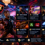 The House Always Wins Update 1.3 Halloween casino scene featuring zombies, a claw machine, boombox, Halloween items, DLSS and FSR support, and save fixes.