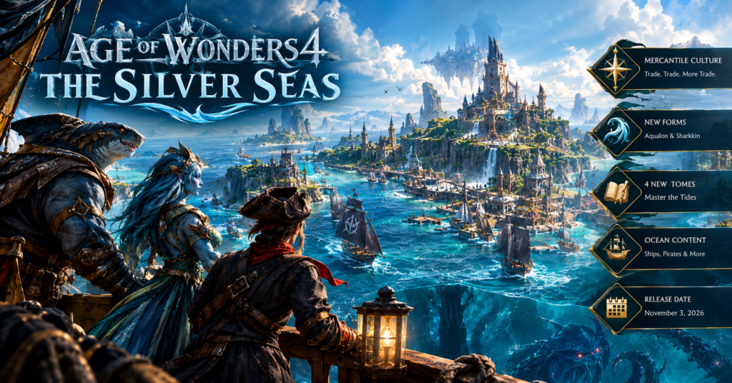 The Silver Seas expansion featuring a vast fantasy ocean kingdom, sailing ships, a pirate commander, a sea elf, and a shark-like warrior. Highlights the new Mercantile culture, Aqualon and Sharkkin forms, four new tomes, naval content, and the November 3, 2026 release date.
