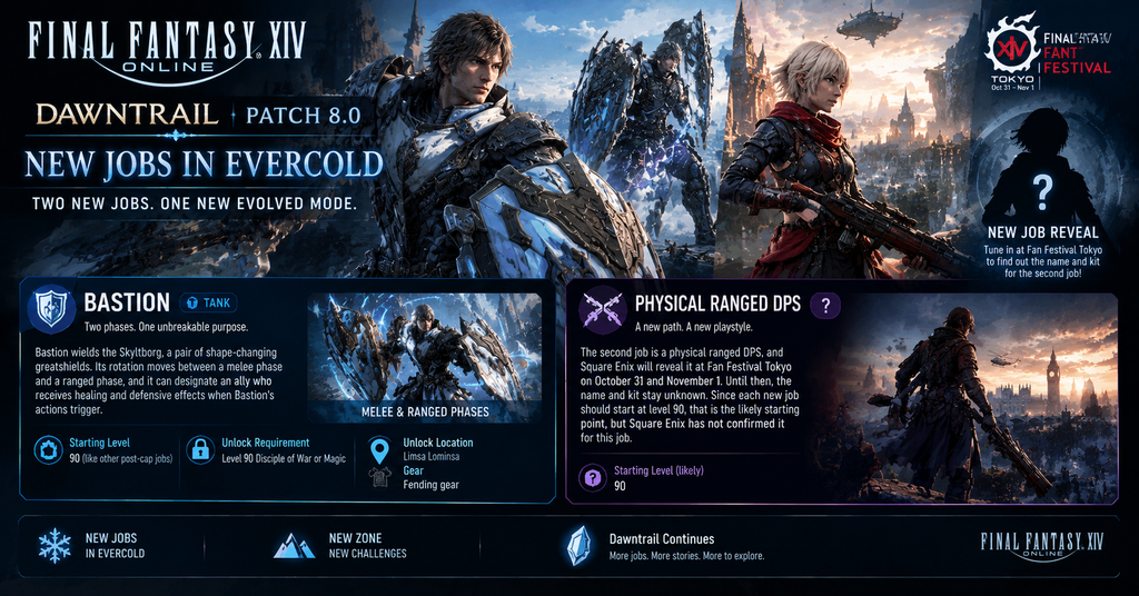 Final Fantasy XIV Evercold patch 8.0 new jobs guide featuring Bastion, the new tank job, and an unrevealed physical ranged DPS job ahead of Fan Festival Tokyo.