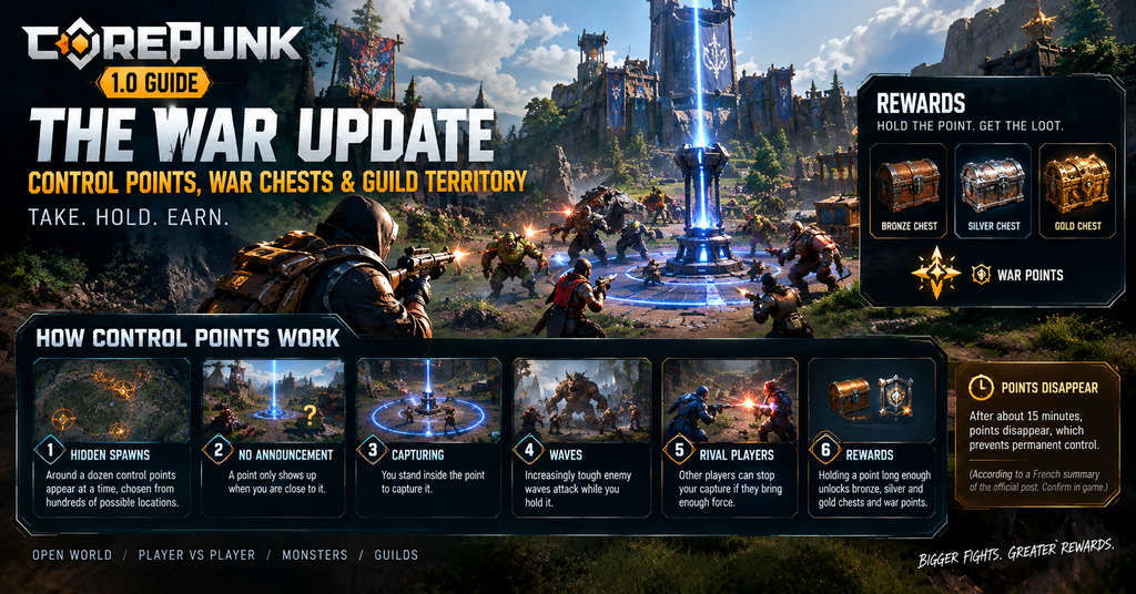 Corepunk 1.0 The War update guide showing open-world control point battles, hidden spawn locations, enemy waves, rival players, bronze, silver and gold war chests, and war point rewards.