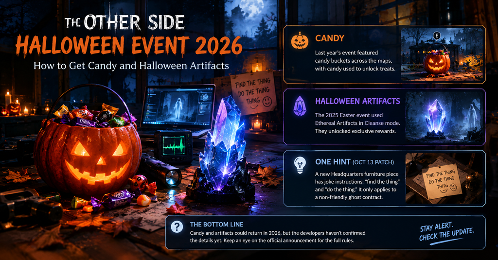The Other Side Halloween Event 2026 guide featuring a glowing pumpkin filled with candy, ghost-hunting equipment, a mysterious blue-purple artifact, and confirmed versus unconfirmed details about Halloween rewards.