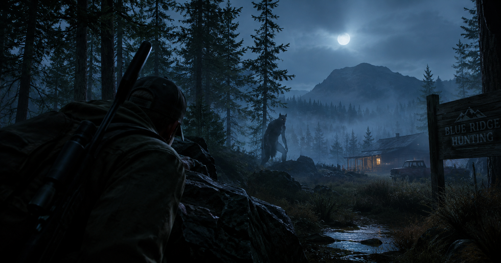 A hunter watches a mysterious, wolf-like cryptid standing in a foggy forest near a cabin under the moonlight in Blue Ridge Hunting.