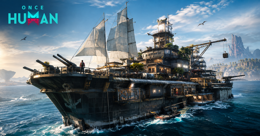 Once Human Mobile Sea Fortress sailing across the ocean, featuring a massive multi-deck ship base with cannons, sails, industrial facilities, cranes and a fortified hull against a dramatic coastal landscape.