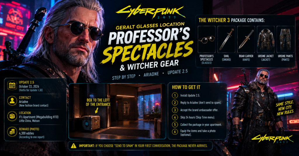 Cyberpunk 2077 Professor's Spectacles guide featuring Geralt-inspired eyewear, Witcher gear, Ariadne's package and V's apartment location.