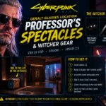 Cyberpunk 2077 Professor's Spectacles guide featuring Geralt-inspired eyewear, Witcher gear, Ariadne's package and V's apartment location.