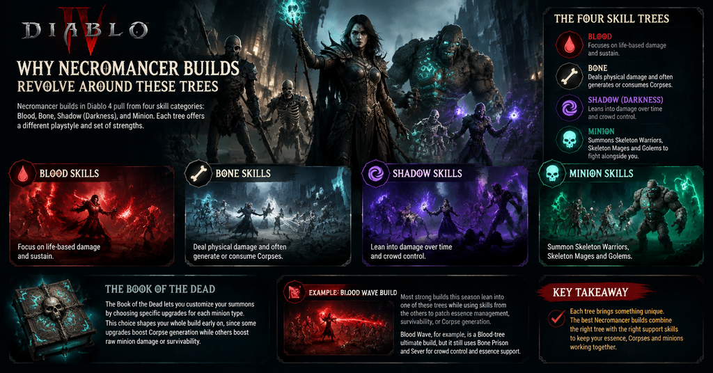 Diablo 4 Necromancer build guide infographic showing the four skill trees: Blood, Bone, Shadow, and Minion, with a necromancer surrounded by skeletons and explanations of Book of the Dead, Blood Wave builds, and summon mechanics.