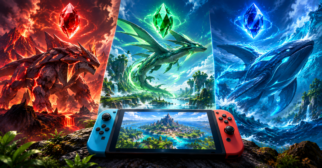 Fantasy gaming cover featuring a handheld console, three colossal elemental creatures, and glowing red, green, and blue gemstones above volcanic mountains, lush islands, and a stormy ocean, representing Pokémon Ruby, Sapphire, and Emerald on Nintendo Switch.