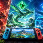 Fantasy gaming cover featuring a handheld console, three colossal elemental creatures, and glowing red, green, and blue gemstones above volcanic mountains, lush islands, and a stormy ocean, representing Pokémon Ruby, Sapphire, and Emerald on Nintendo Switch.