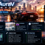 GTA V AuraV mod installation guide featuring a cinematic sports car, path tracing graphics, Lite vs Full features, F10 settings, and troubleshooting tips.