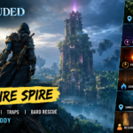 Enshrouded Blackmire Spire guide showing the towering spire, west-side entrance, purple mushroom launchers, fireball and electric traps, Flame altar, Sunken Ancient City, and Bard Valory rescue.