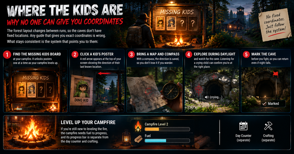 99 Nights in the Forest guide showing how to find missing kids using the campfire board, direction arrow, map, compass, daylight exploration, and marked caves.