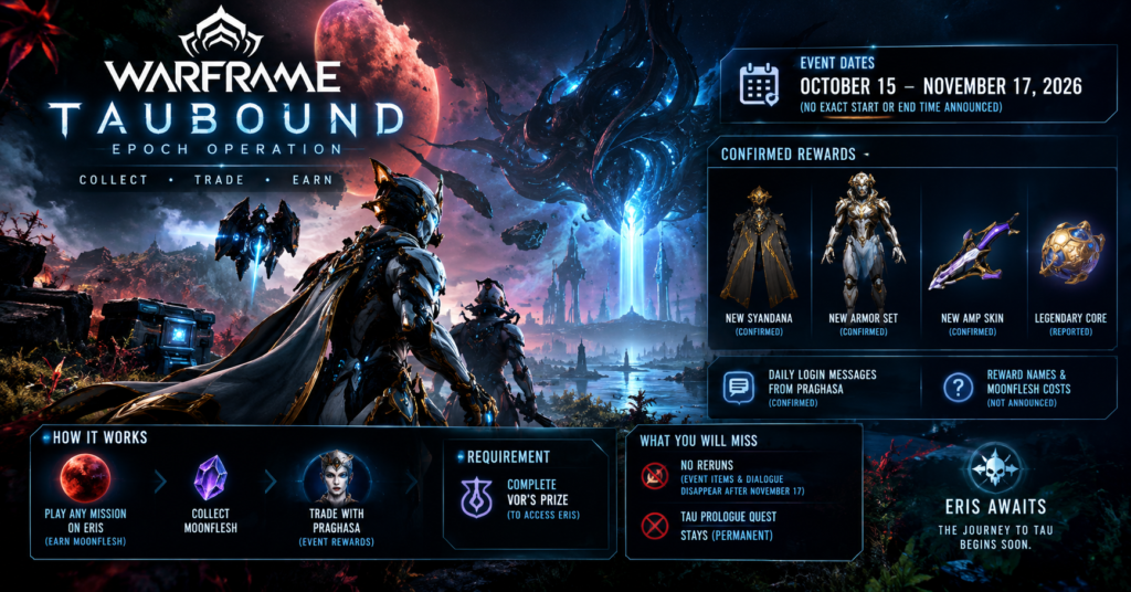 Warframe Taubound Epoch Operation featuring armored Warframes on an alien landscape, Moonflesh farming, event dates and exclusive rewards.