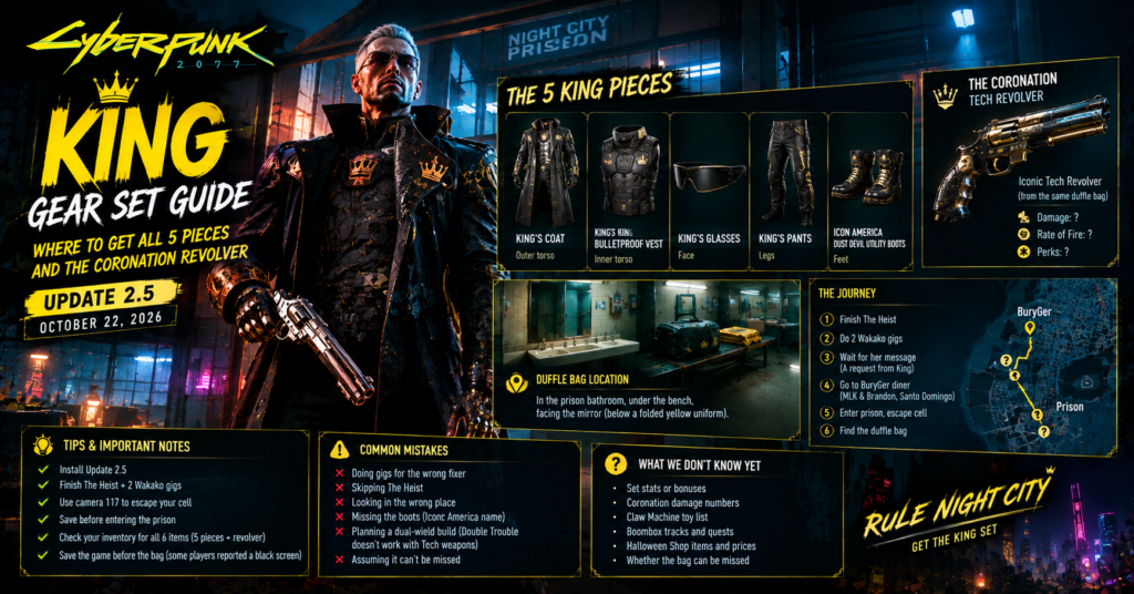 Cyberpunk 2077 King gear set guide showing all five outfit pieces, the Coronation Tech Revolver, and the Night City Prison duffle bag location.