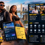 Lagos Life browser game scene showing players overlooking Lagos skyline with mobile gameplay UI and city environment