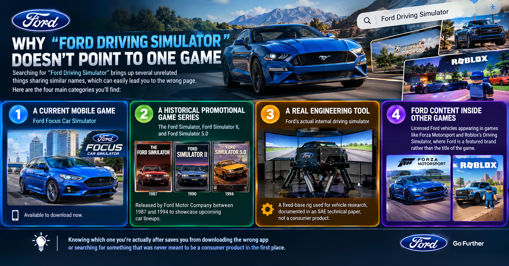 Infographic explaining “Ford Driving Simulator” search results, showing a modern Ford car, a mobile game, classic Ford simulator titles, a real driving simulator rig, and Ford vehicles featured in games like Forza and Roblox.