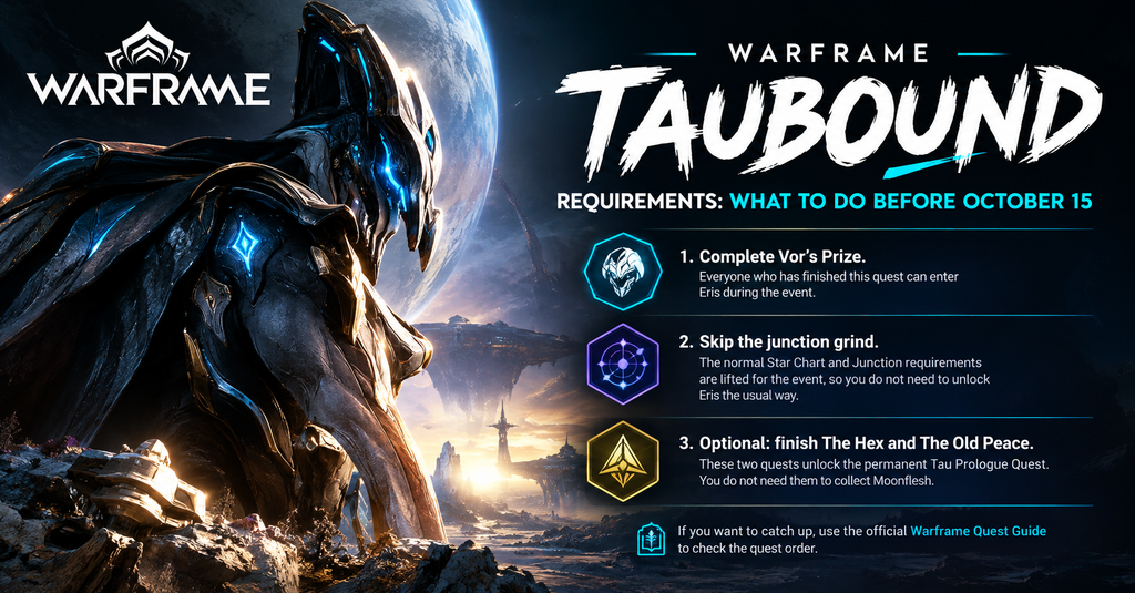 Warframe Taubound event requirements before October 15, including Vor’s Prize, Eris access, and optional quests The Hex and The Old Peace.