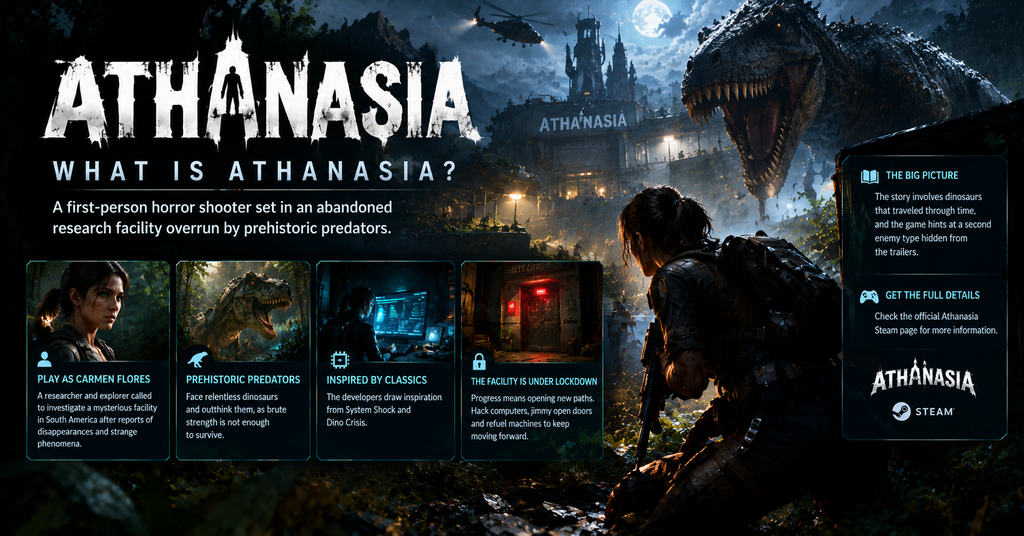 Athanasia walkthrough guide featuring a terrifying dinosaur confronting a female survivor inside a dark research facility, with panels highlighting crafting, hacking, survival tips, Early Access details and unconfirmed puzzle solutions.
