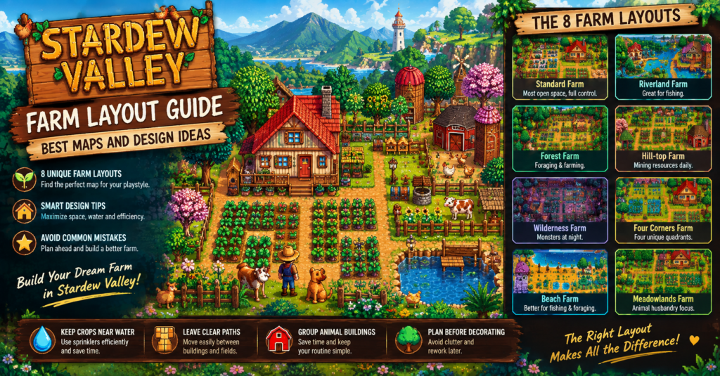 Stardew Valley farm layout guide showing different farm types, crops, animals, buildings, and efficient design ideas
