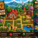 Stardew Valley farm layout guide showing different farm types, crops, animals, buildings, and efficient design ideas