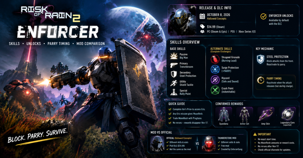 Risk of Rain 2 Enforcer with a riot shield and heavy weapon, showcasing Steel Protection, parry timing, alternate skill unlocks and Hallowed Concepts DLC.
