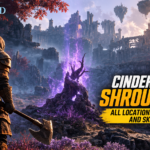 Enshrouded Cinder’s Cradle Shroud Roots location guide showing a glowing purple root, ruined citadel, and axe-wielding adventurer.