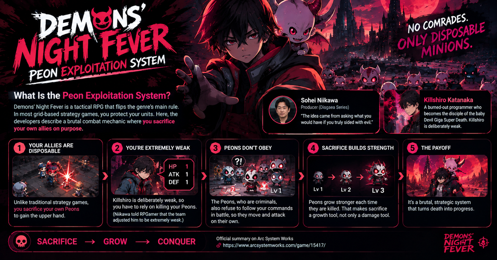 Demons’ Night Fever Peon Exploitation System guide featuring protagonist Killshiro Katanaka and baby Devil Giga Super Death surrounded by demonic minions in a crimson-lit battlefield, illustrating how sacrificing Peons makes them stronger, despite Killshiro’s weakness and the minions’ disobedience.