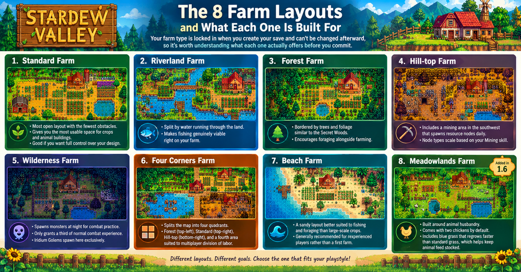 Stardew Valley farm layouts infographic showing all 8 farm types including Standard, Riverland, Forest, Hill-top, Wilderness, Four Corners, Beach, and Meadowlands with their unique features and playstyles.